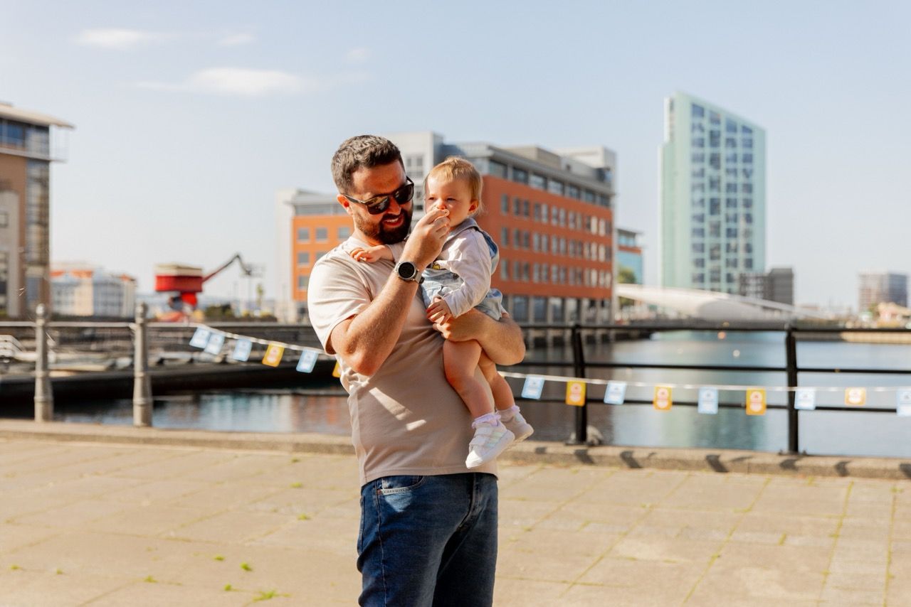 Father and baby son at Liverpool Waters